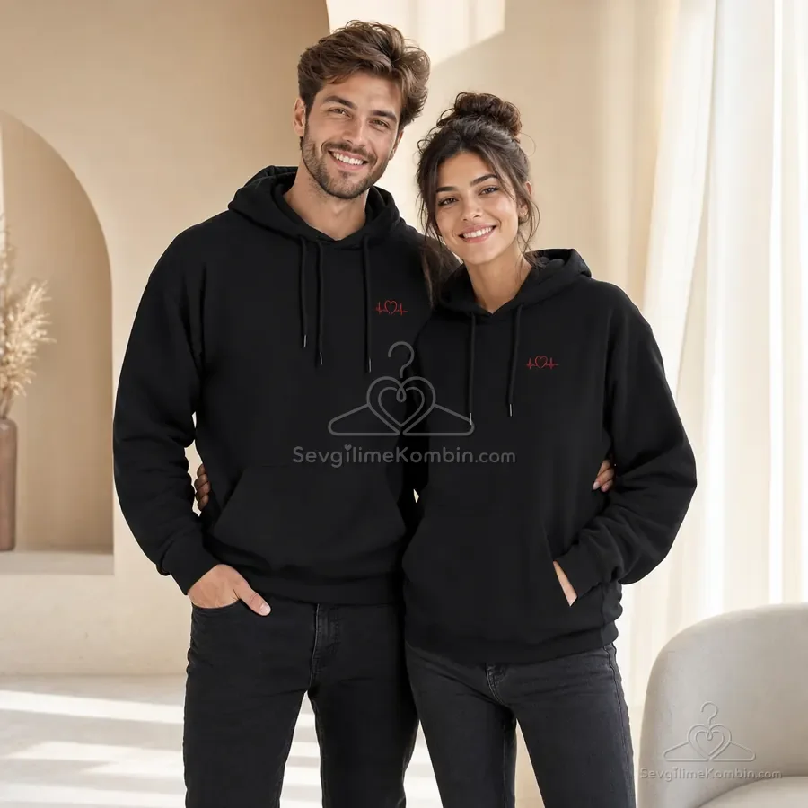 Kalp Çizgisi Hoodie Sevgili Kombini